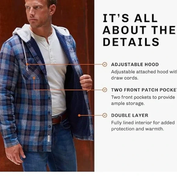 Weatherproof Mens Hooded Sherpa Lined Soft Brushed Plaid Shirt Jacket - Picture 7 of 8